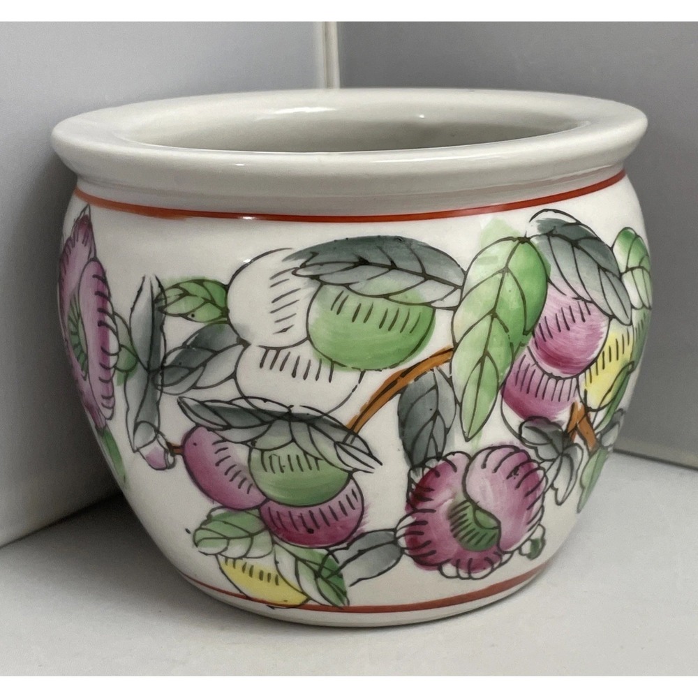 VTG Planter Pot Chinoiserie Plum Fish Bowl Style Porcelain Floral 3.5" Small